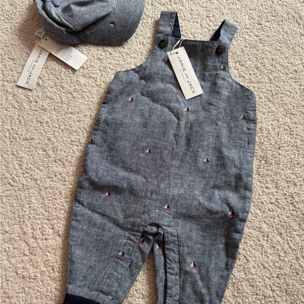 Janie and Jack Gray Classic Overalls and hat size 3-6 months NWT